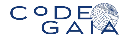 The logo of Code Gaia. The text 'CODE GAIA' in dark blue, with the 'A' in GAIA replaced by a stylized, blue-rimmed globe (grid or wireframe design).