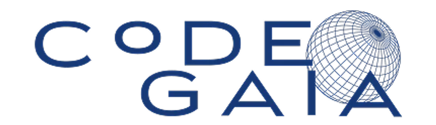 The logo of Code Gaia. The text 'CODE GAIA' in dark blue, with the 'A' in GAIA replaced by a stylized, blue-rimmed globe (grid or wireframe design).