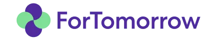 The logo of ForTomorrow. It shows the lettering 'ForTomorrow' in purple next to a graphic element of four overlapping, circular leaves/lobes in green and purple.