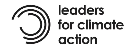 The logo of Leaders for Climate Action. It shows the text 'leaders for climate action' in black next to a graphic element of three concentric semicircles or arcs.