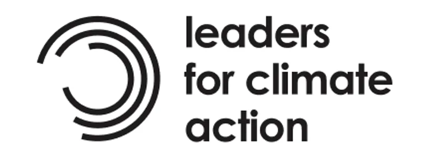 The logo of Leaders for Climate Action. It shows the text 'leaders for climate action' in black next to a graphic element of three concentric semicircles or arcs.